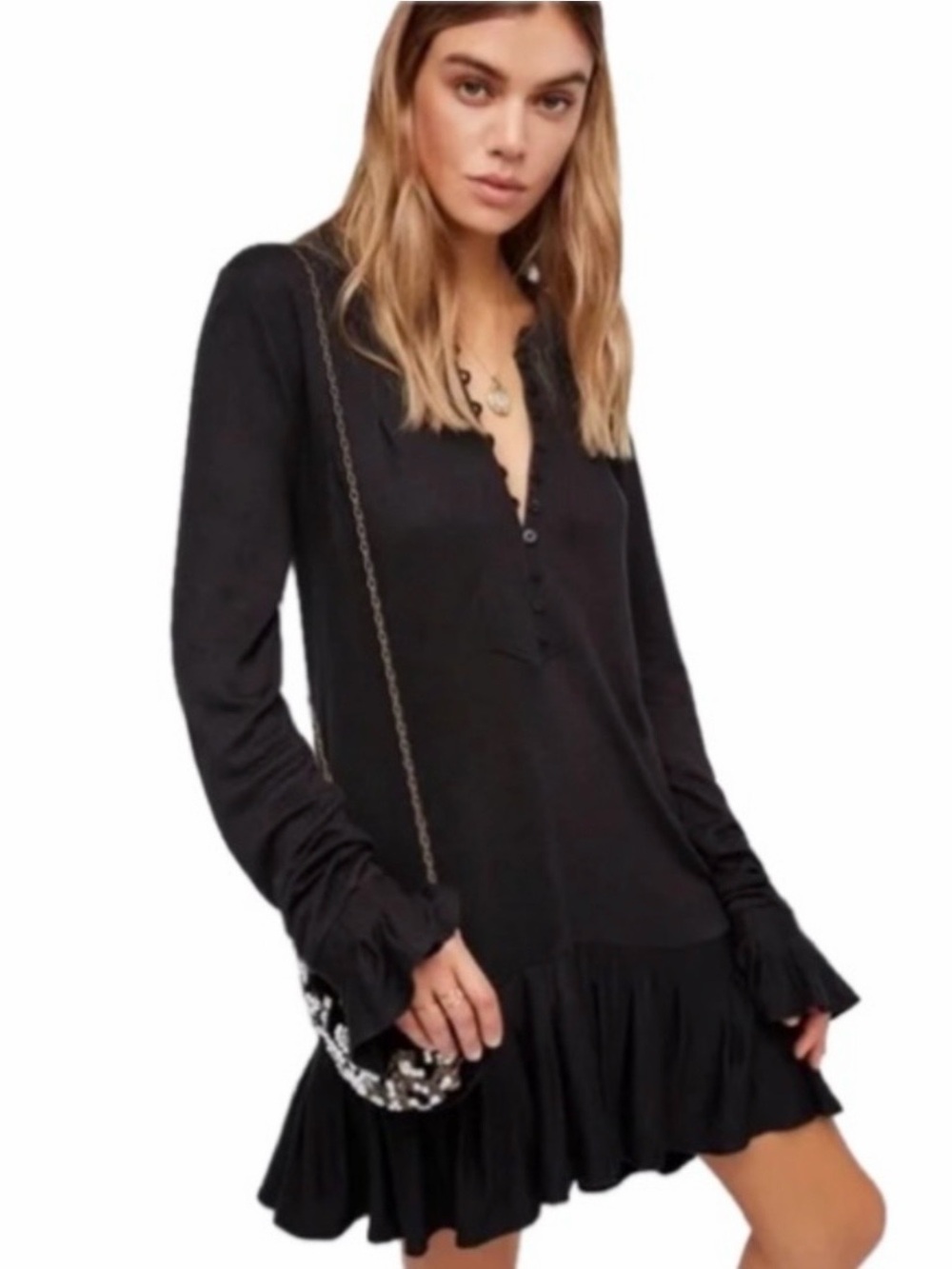 Free People Your Girl Black Ruffle-Hem Long Sleeve Tunic